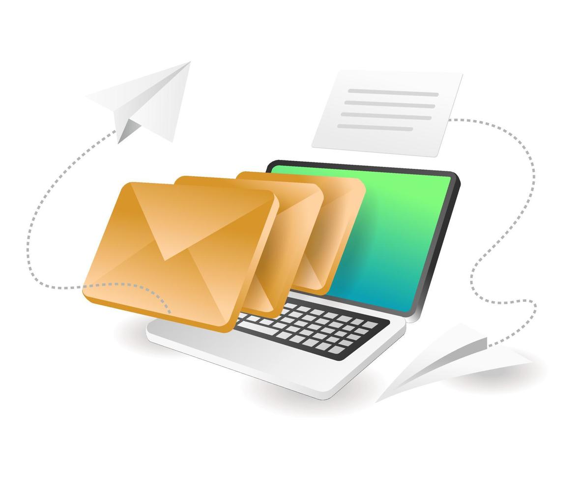 Flat isometric concept illustration. pile of e-mails on the computer vector