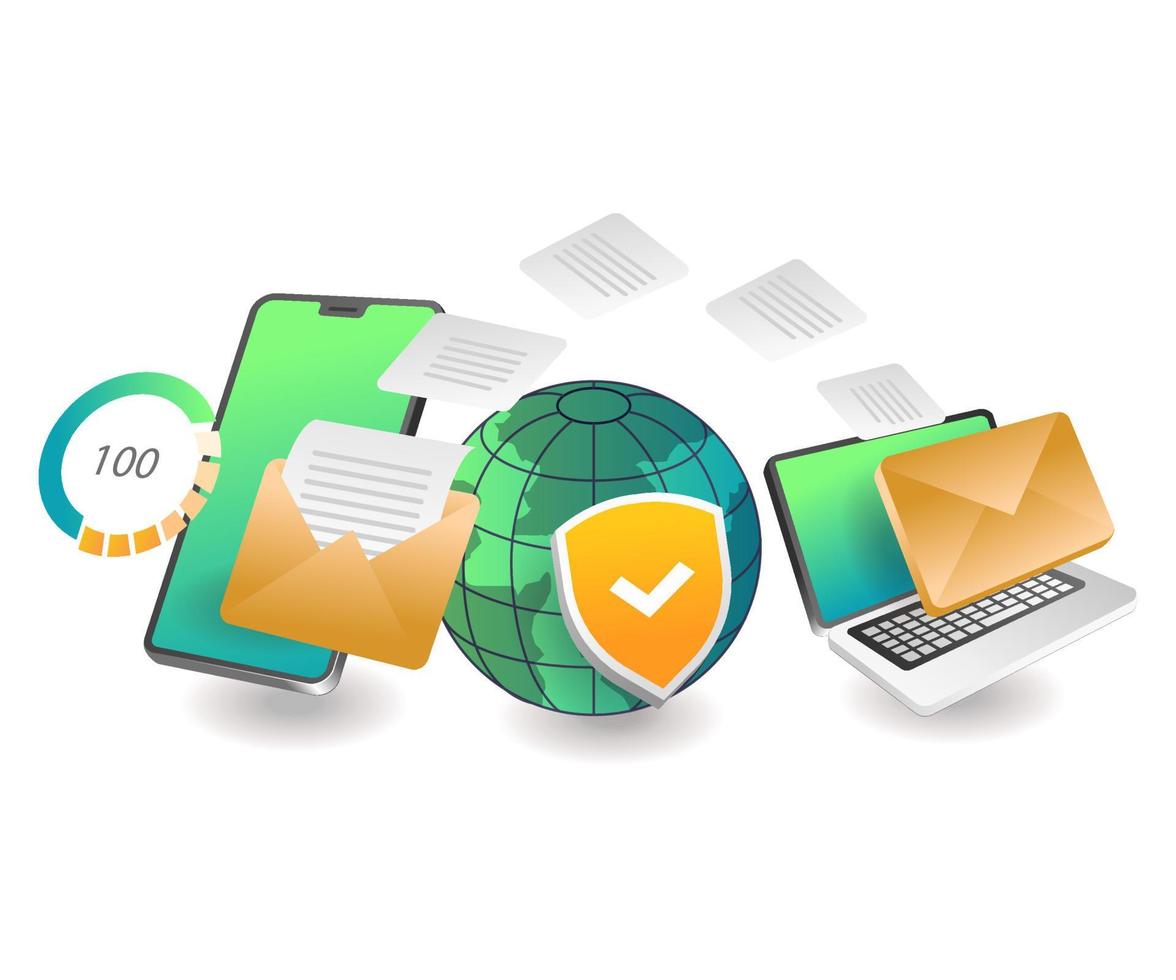 Flat isometric concept illustration. security of the process of sending smartphone emails to computers vector