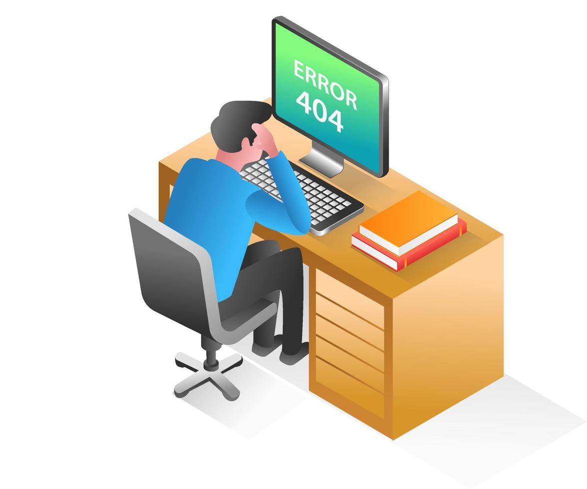 Flat isometric concept illustration. stressed man because computer program error 404 vector