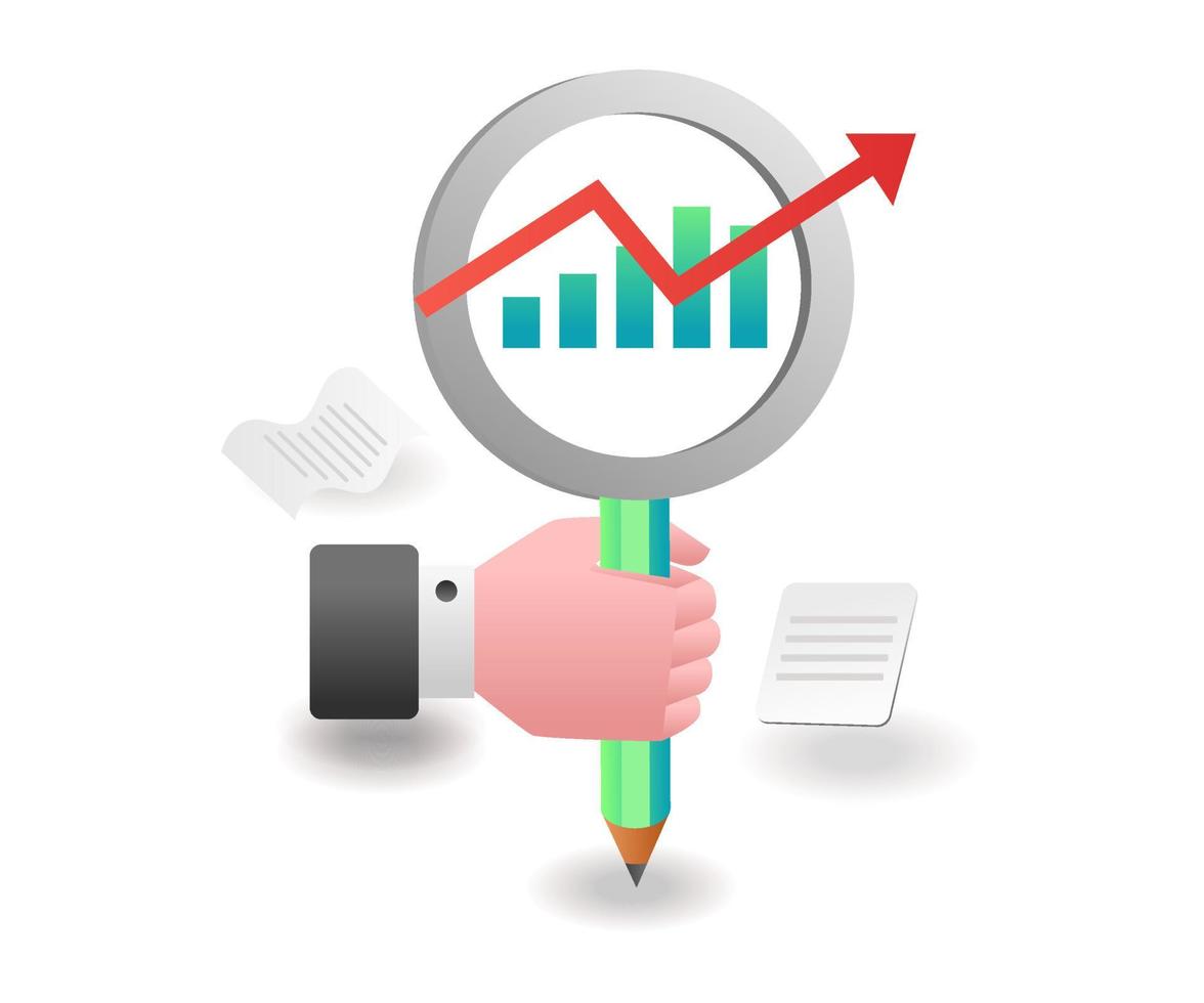 Flat isometric concept illustration. hand holding creative analysis in magnifying glass vector