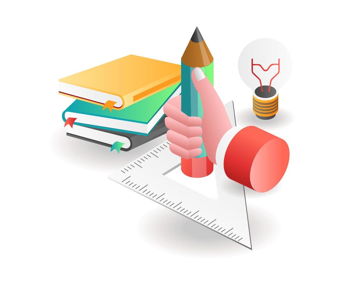 Flat isometric concept illustration. hand holding a pencil on a ruler back to school vector
