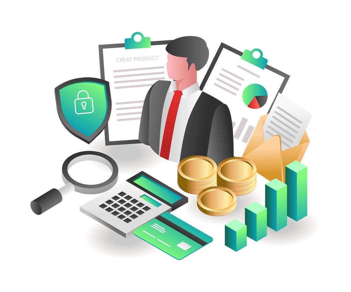 Flat isometric concept illustration. businessman investor analyst and earnings vector