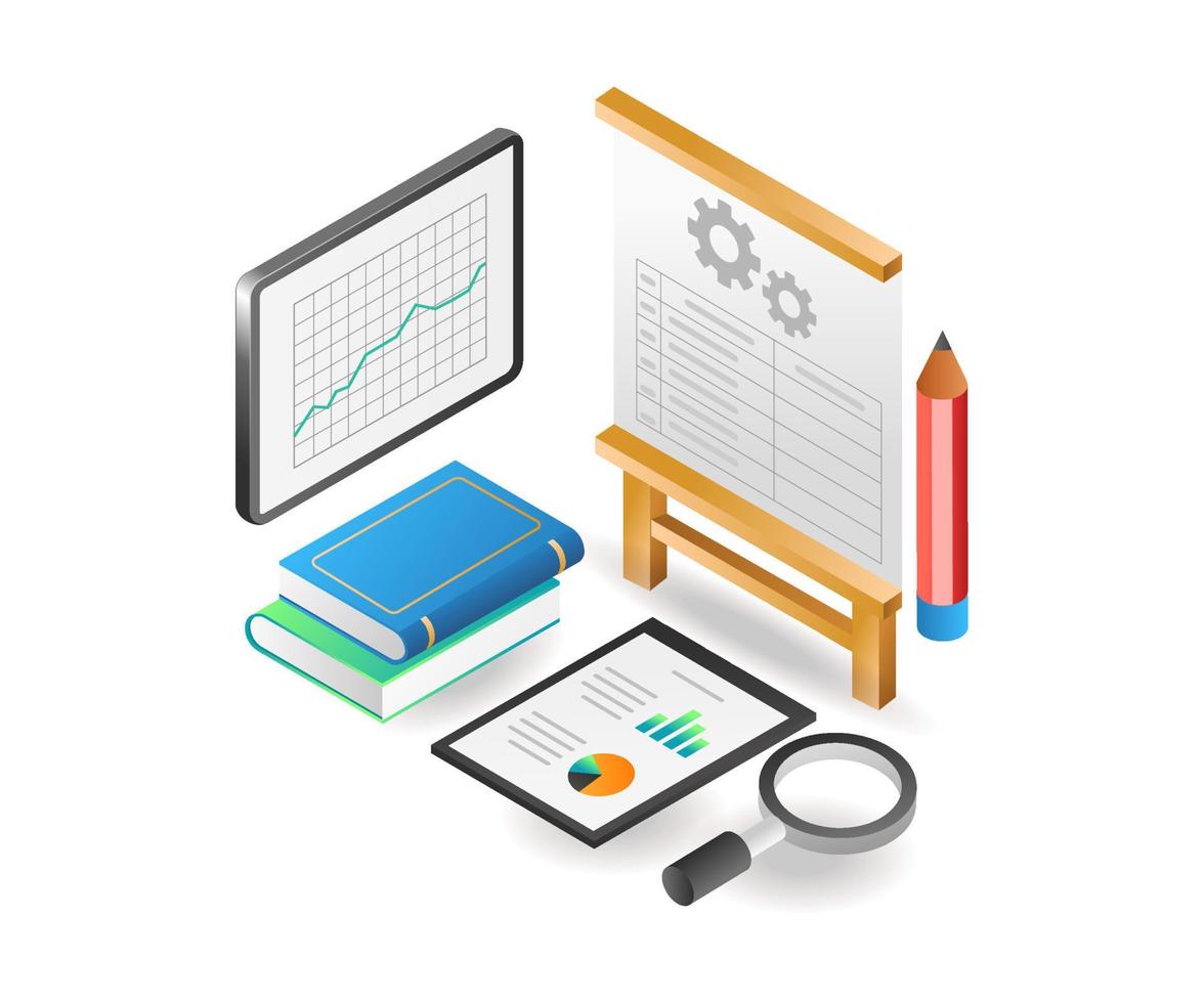 Flat isometric concept illustration. database analyst on screen vector