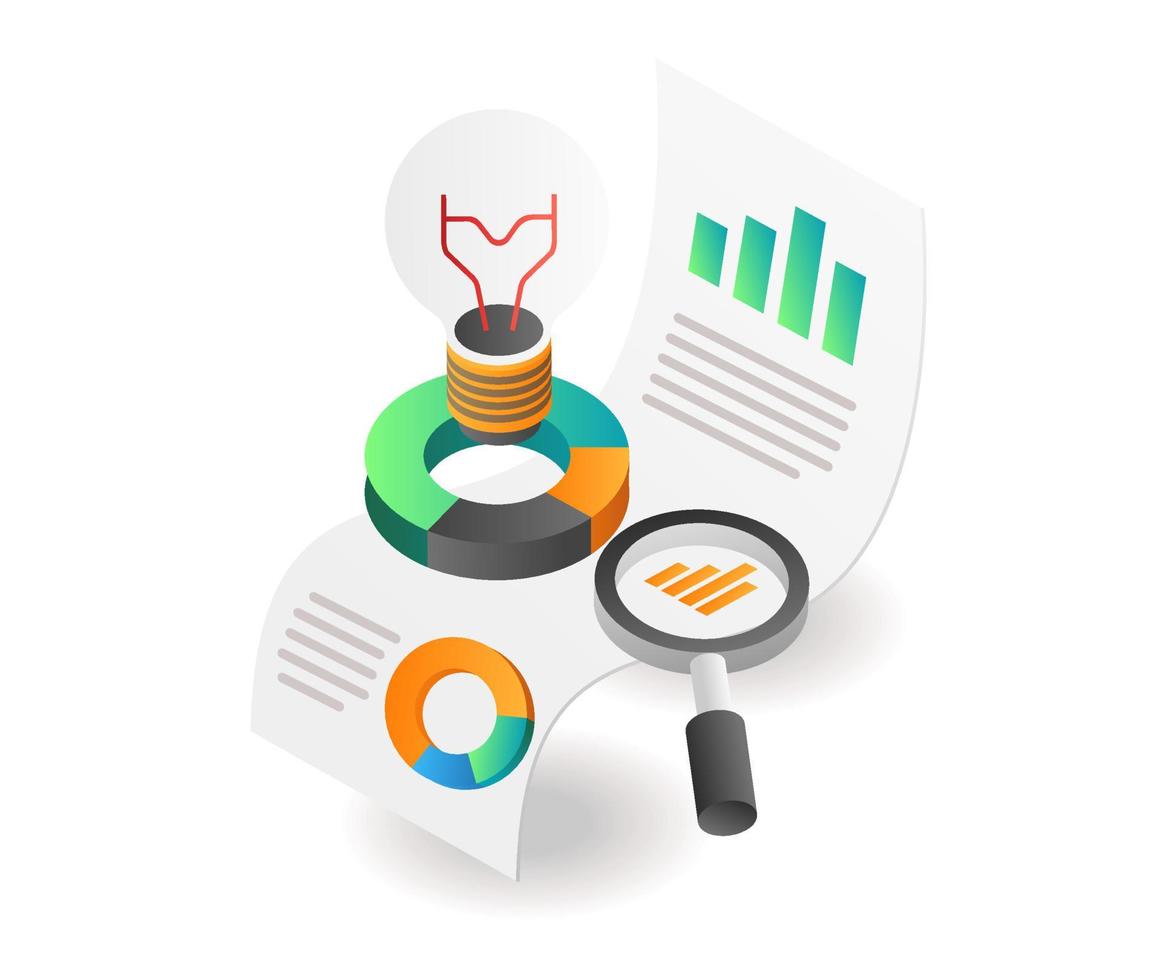 Flat isometric concept illustration. business analysis data solution ideas vector