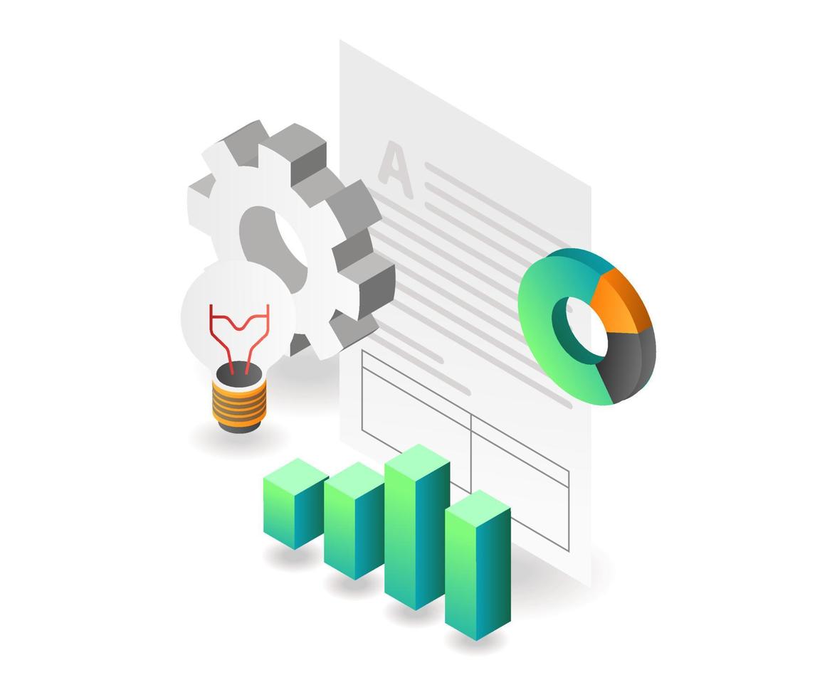 Flat isometric concept illustration. business analysis data ideas solutions vector