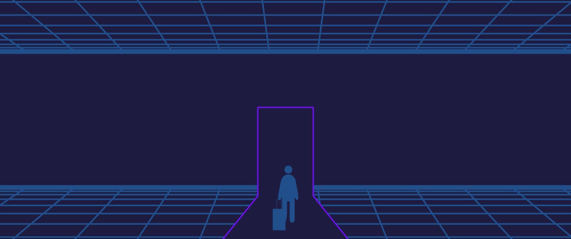 Businessman Start and Steps into Future Door. Moving Forward to New Technology, Blockchain and the Next Layer of the Internet Concepts. Futuristic Tone vector