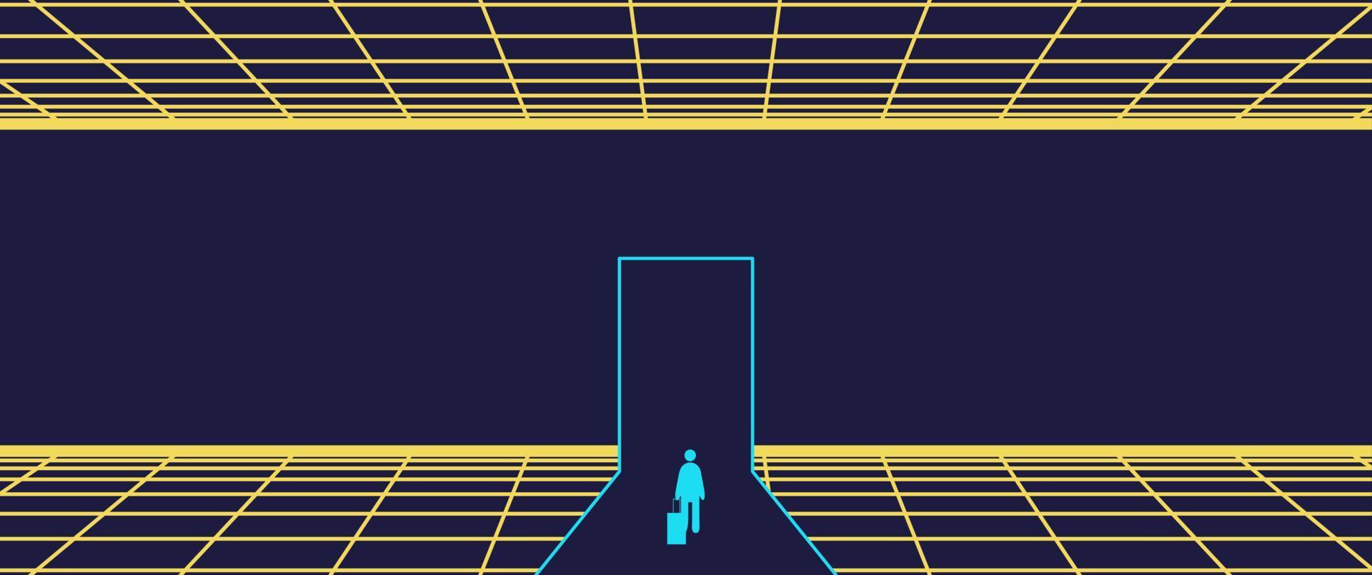 Businessman Start and Steps into Future Door. Moving Forward to New Technology, Blockchain and the Next Layer of the Internet Concepts. Futuristic Tone vector