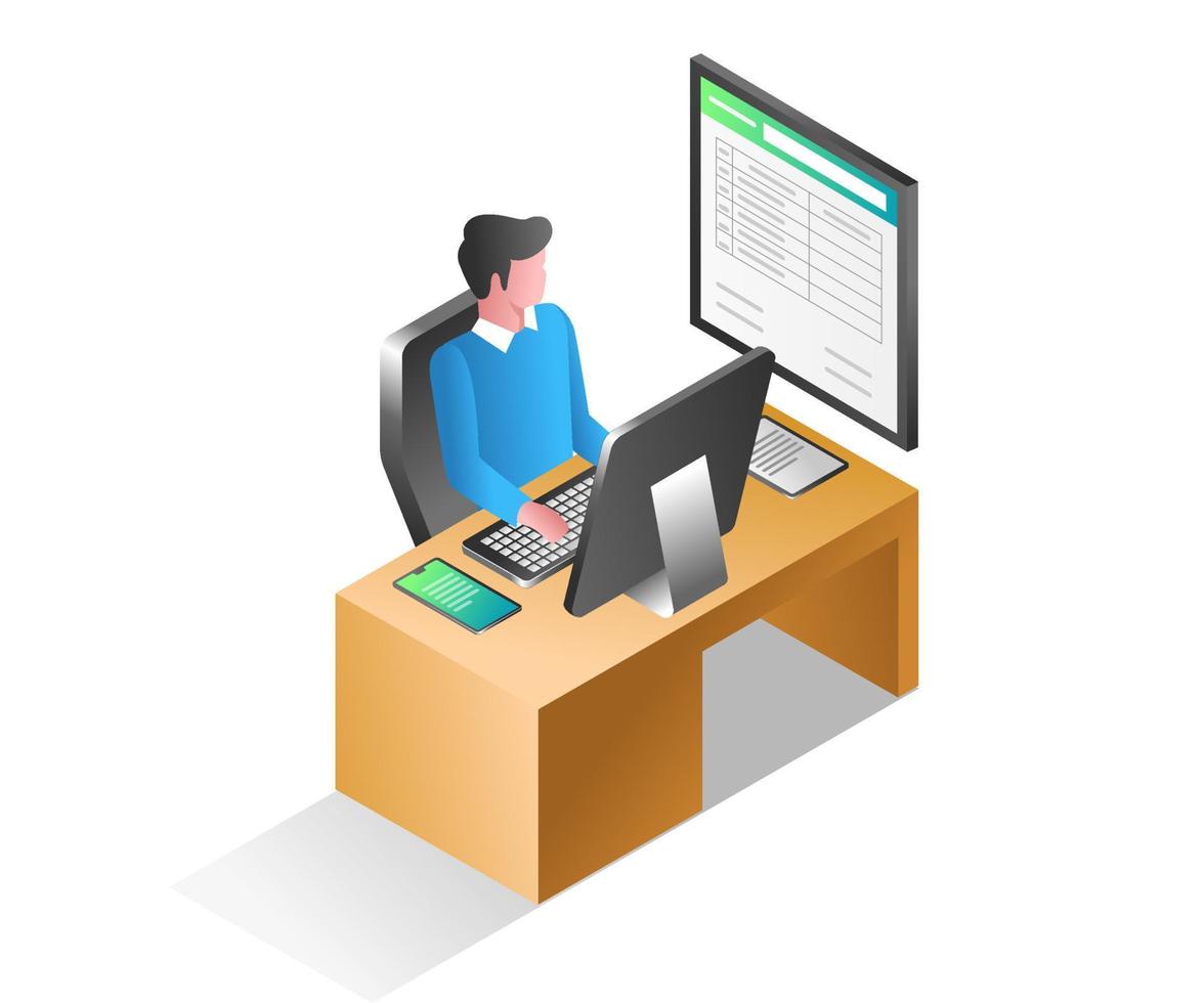 Flat isometric illustration concept. man working at office desk vector