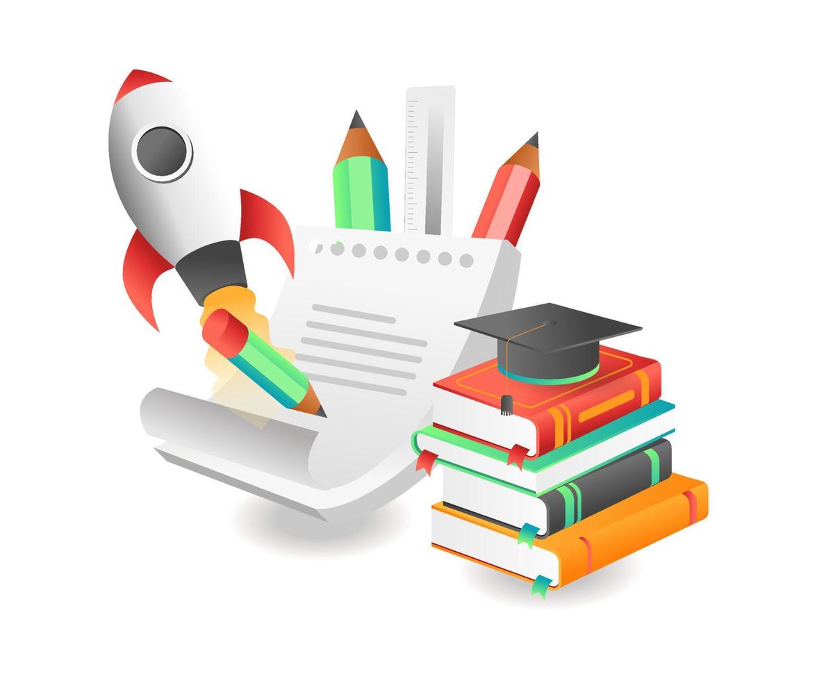 Flat isometric illustration concept. rocket launch school notes vector