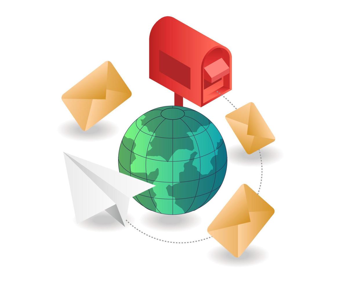 Flat isometric illustration concept. world post email vector