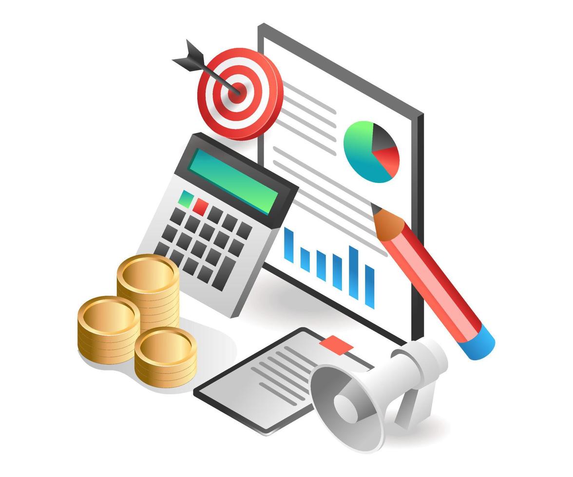 Flat isometric illustration concept. Investment business income analysis data campaign vector