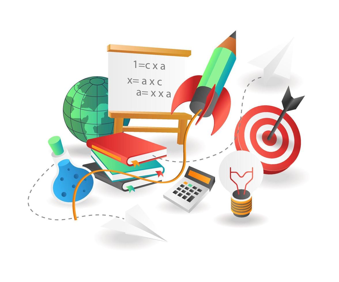 Flat isometric illustration concept. Achievement students back  to school on rocket launch vector