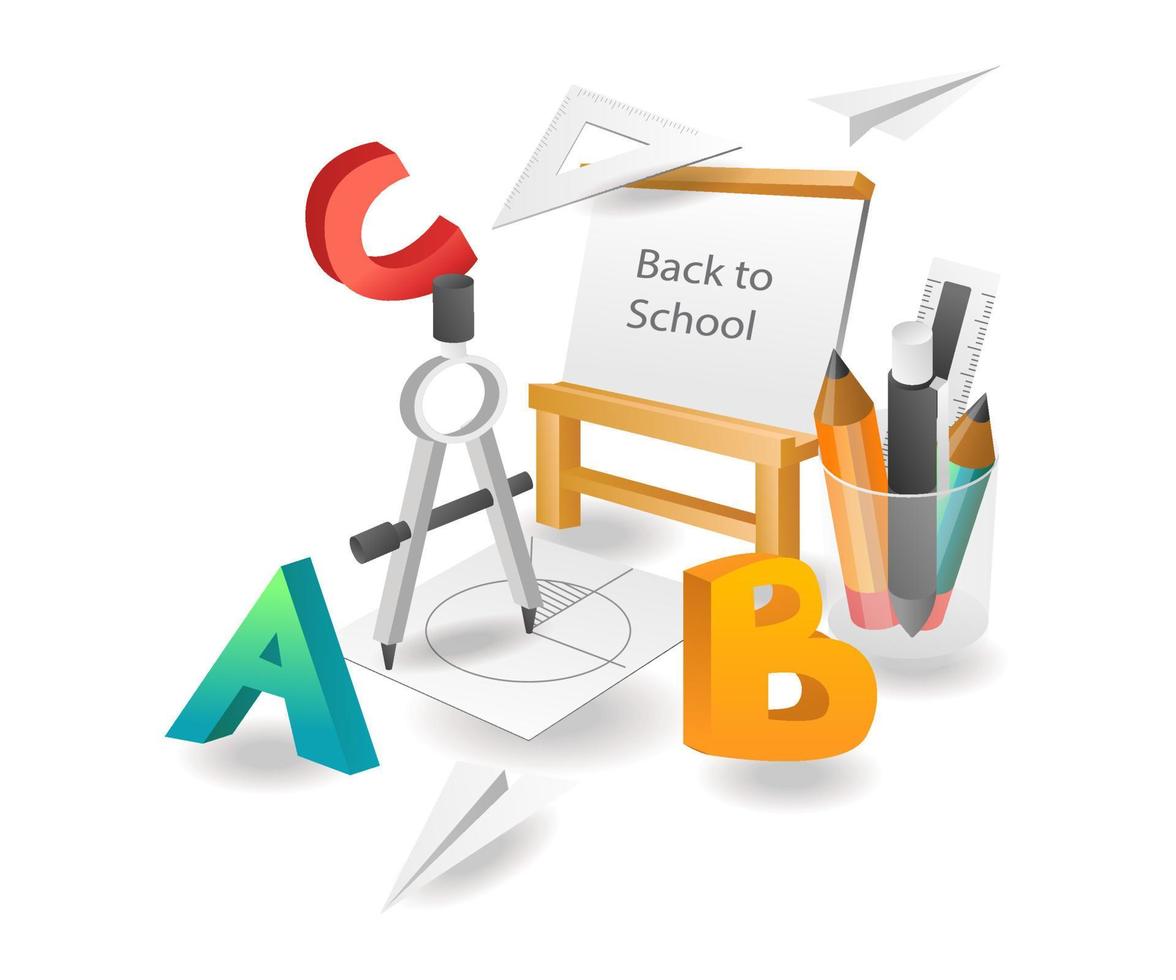 Flat isometric illustration concept. creative back to school tools vector