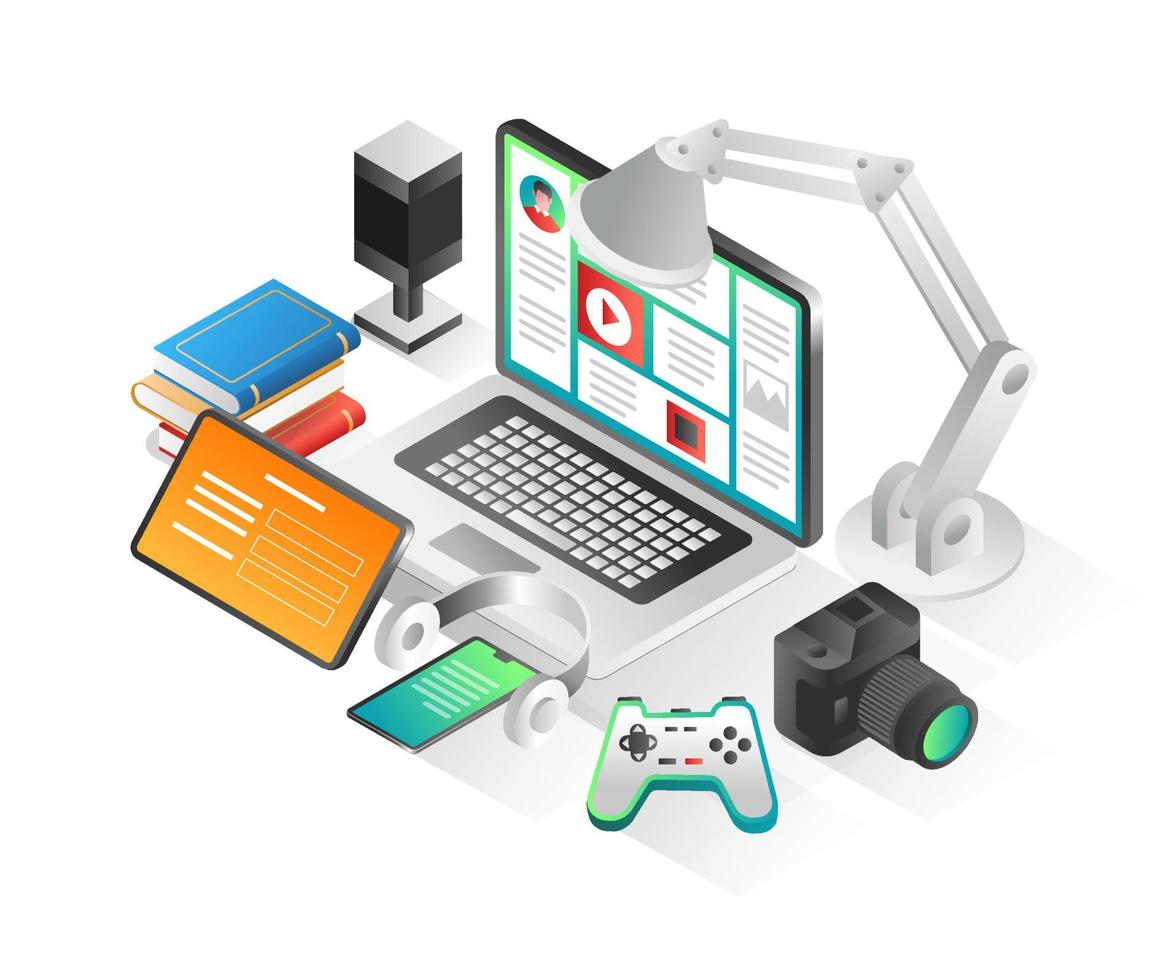 Flat isometric concept illustration. work computers for gamer content creators vector