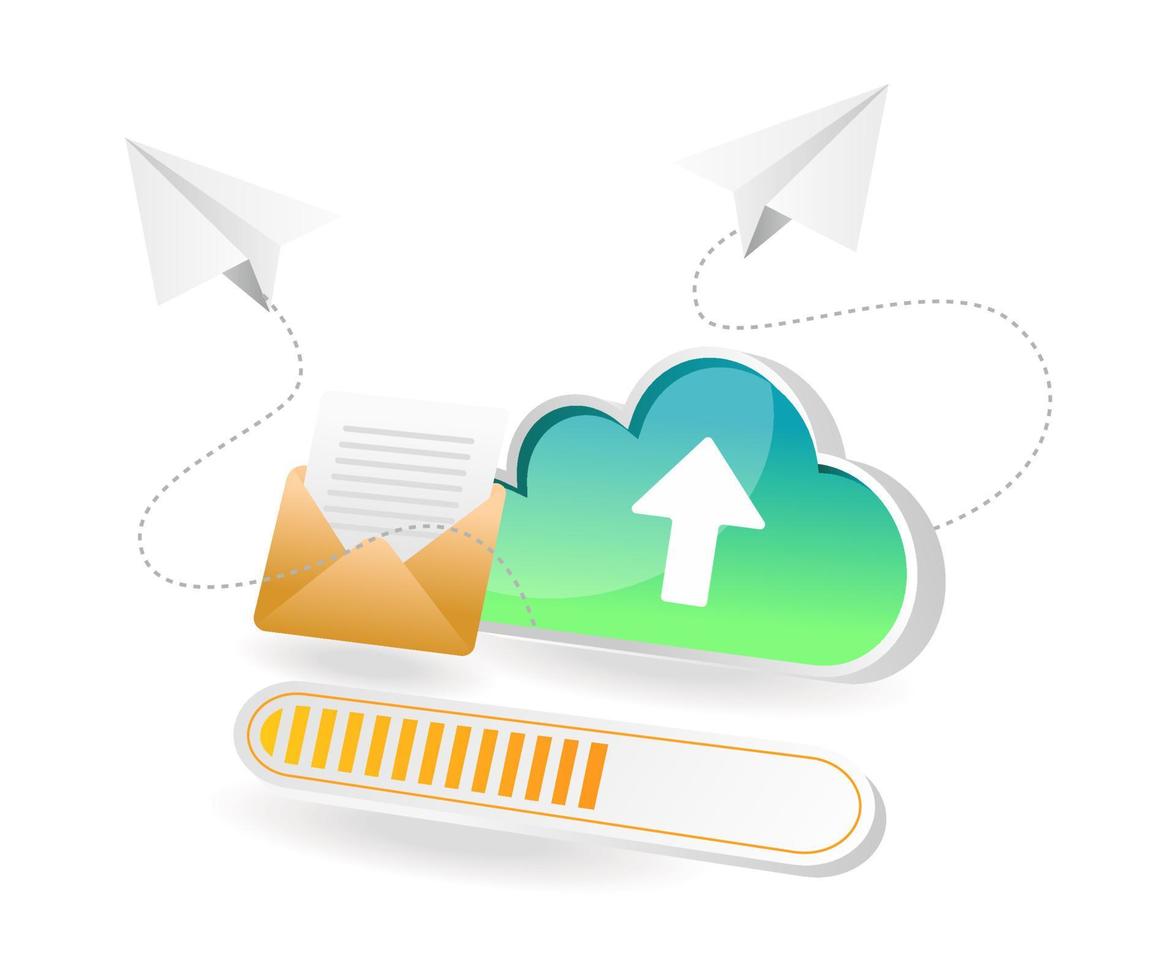 Flat isometric concept illustration. process of sending email data to cloud server vector