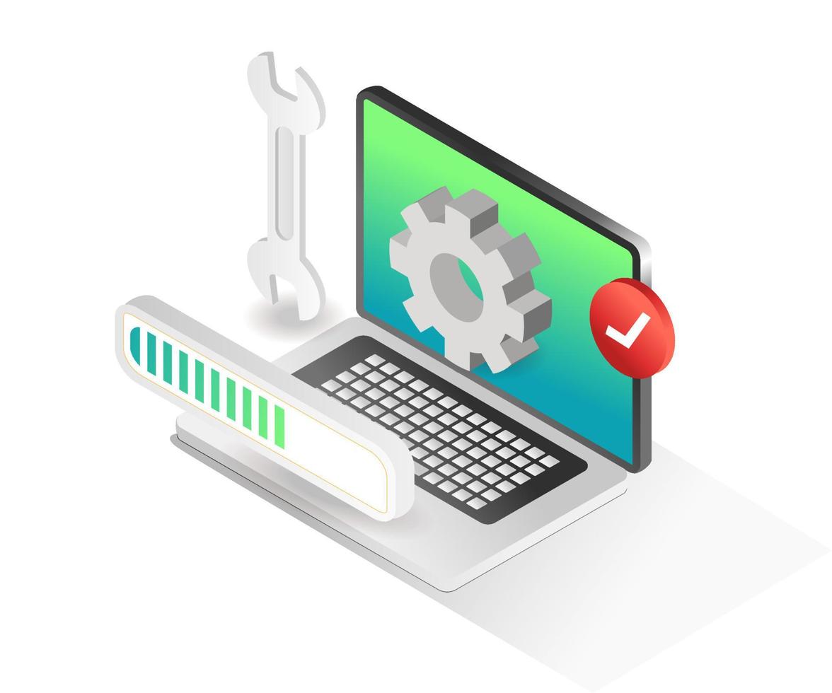 Flat isometric concept illustration. web application maintenance process vector