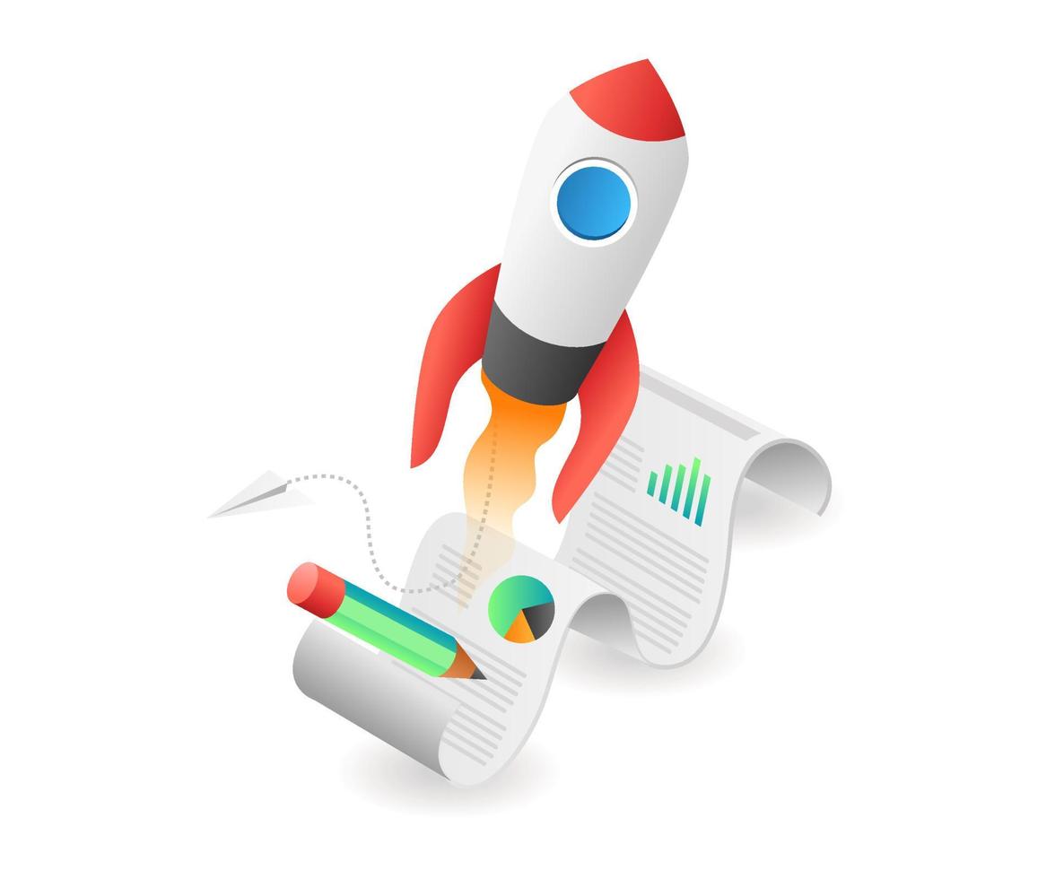 Flat isometric concept illustration. rocket launches from roll of analyst data paper vector