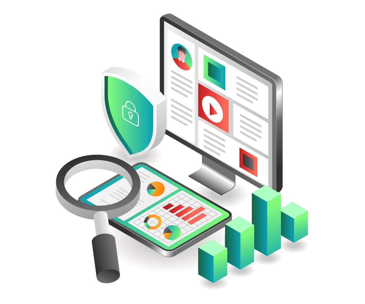 Flat isometric concept illustration. personal account security data analysis vector