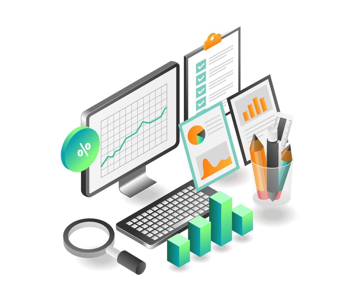 Flat isometric concept illustration. investment business analysis data vector