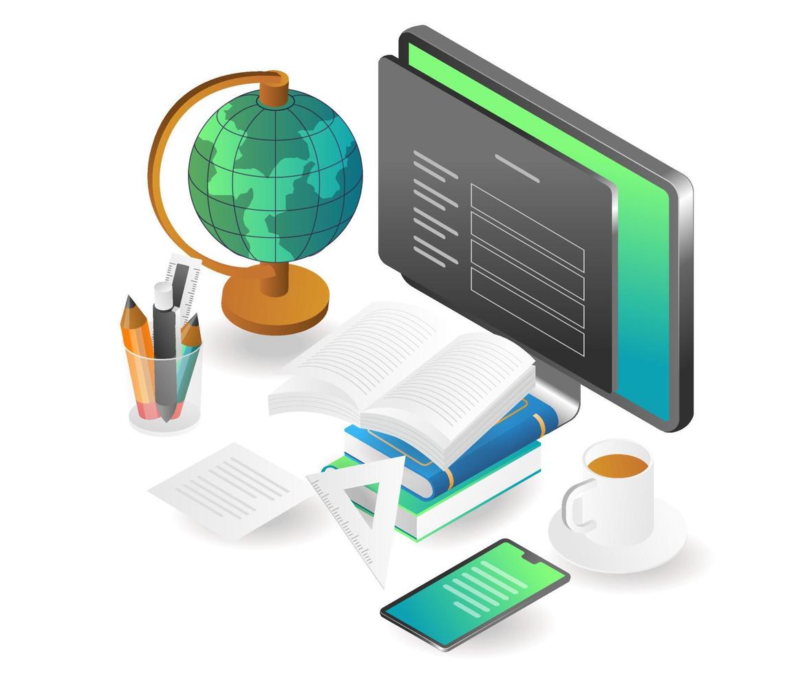 Flat isometric concept illustration. accounts for online school students vector