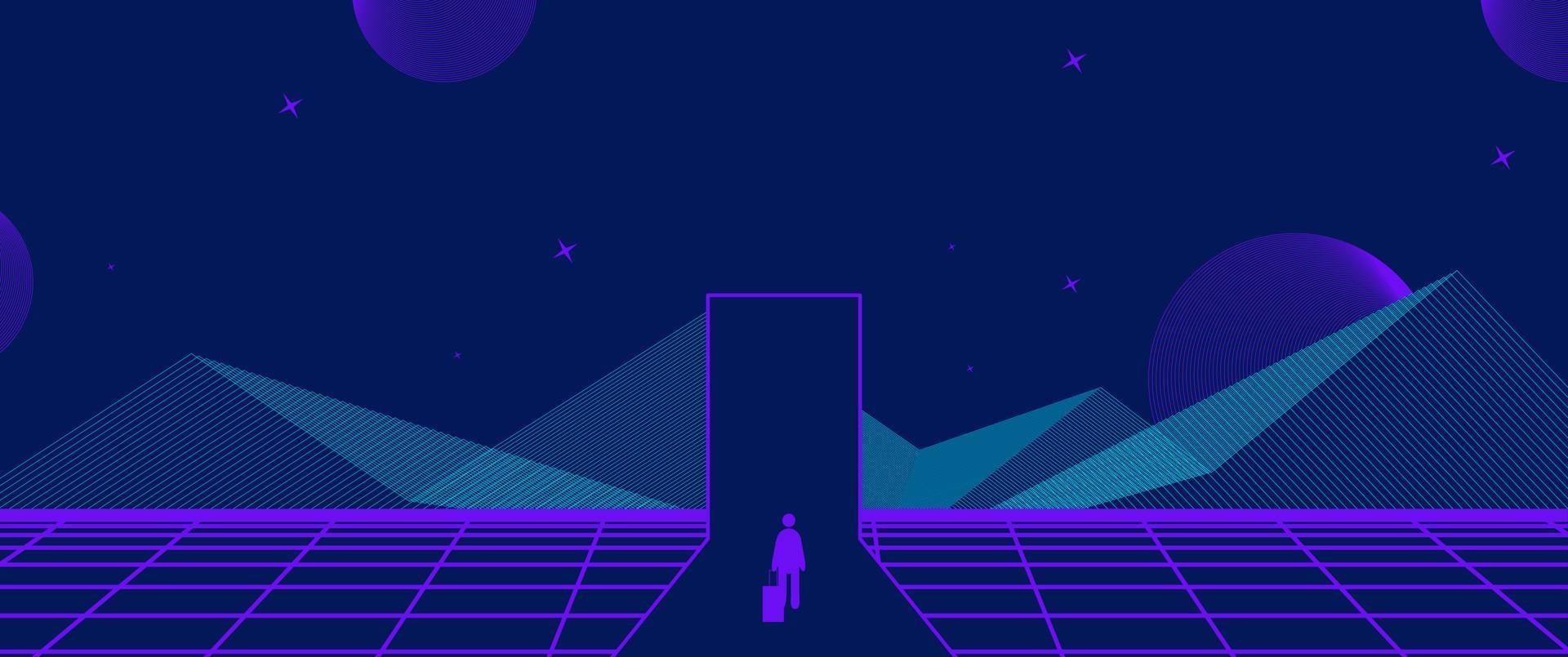 Businessman Start and Steps into Future Door. Moving Forward to New Technology, Blockchain and the Next Layer of the Internet Concepts. Futuristic Tone vector