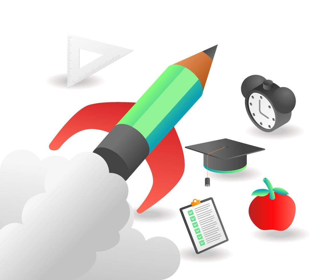 Flat isometric illustration concept. pencil rocket back to school vector