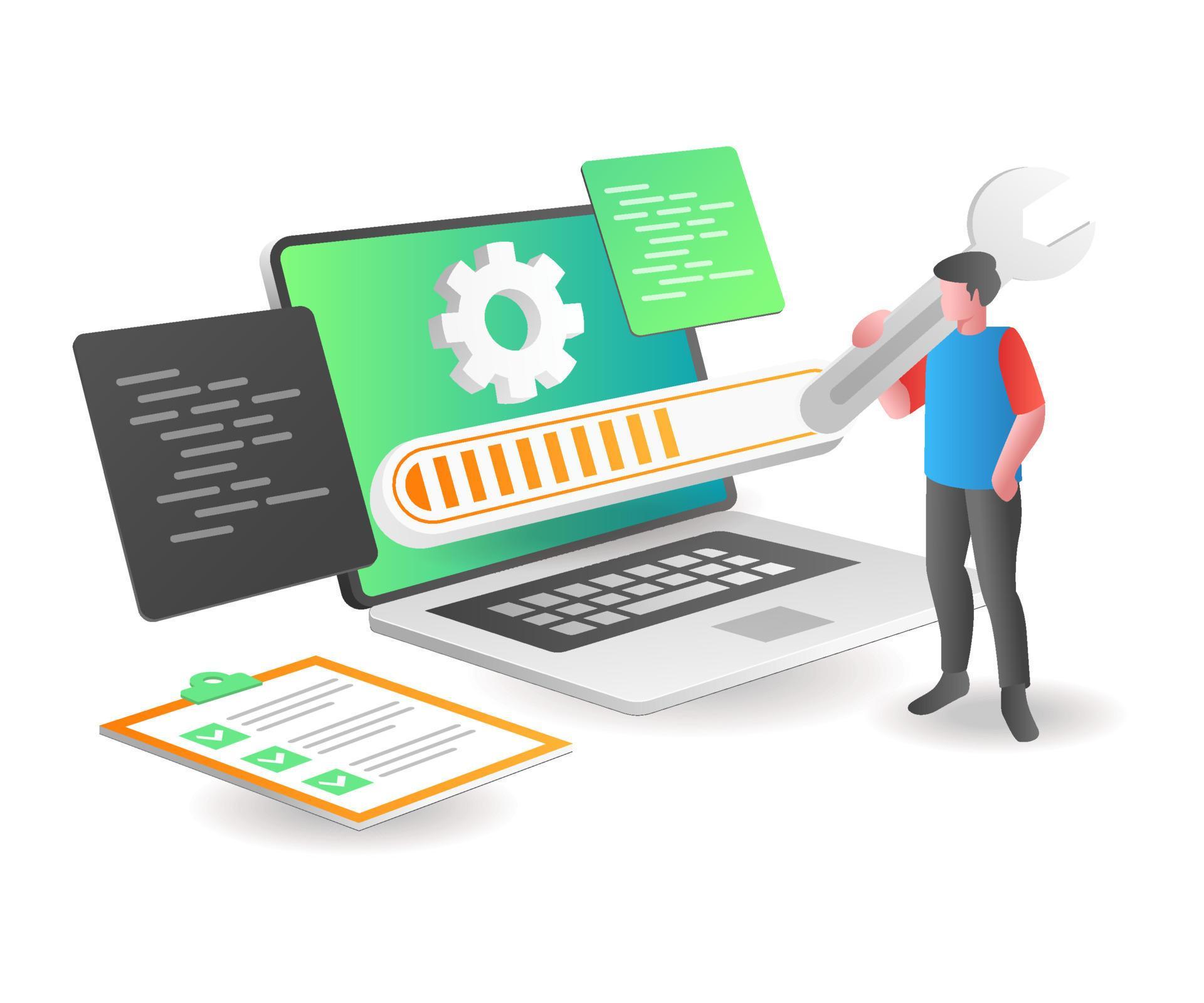 Wordpress website maintenance - an illustration of a developer holding a wrench to fix code or a website.