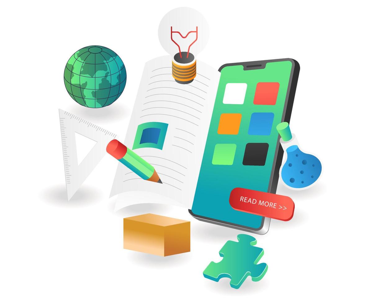 Flat isometric illustration concept. reading books on smartphone online learning vector