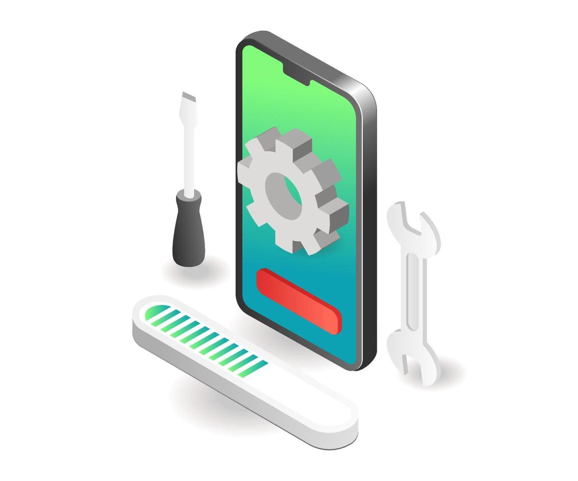 Flat isometric concept illustration. web application smartphone maintenance process vector