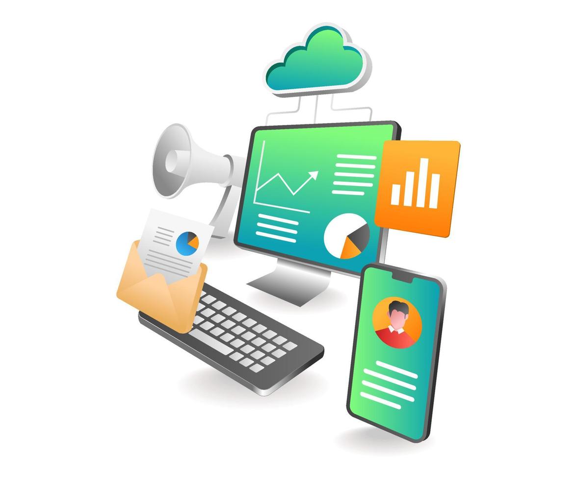 Flat isometric illustration concept. cloud server analysis data campaign vector