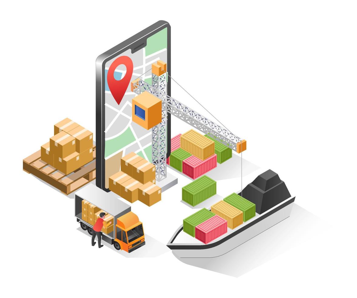 Flat isometric illustration concept. cross country logistics map app vector