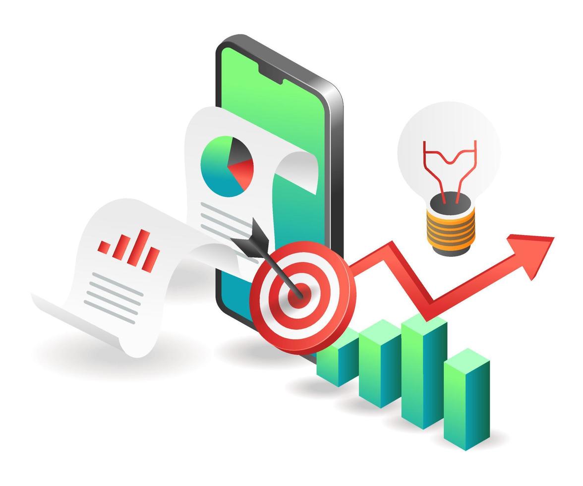 concepto de ilustración isométrica plana. análisis de datos comerciales de inversión en teléfonos inteligentes vector