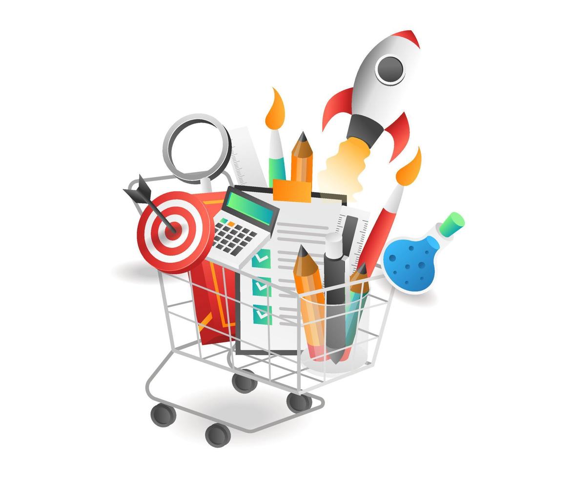 Flat isometric illustration concept. back to school creative tools on the trolley vector