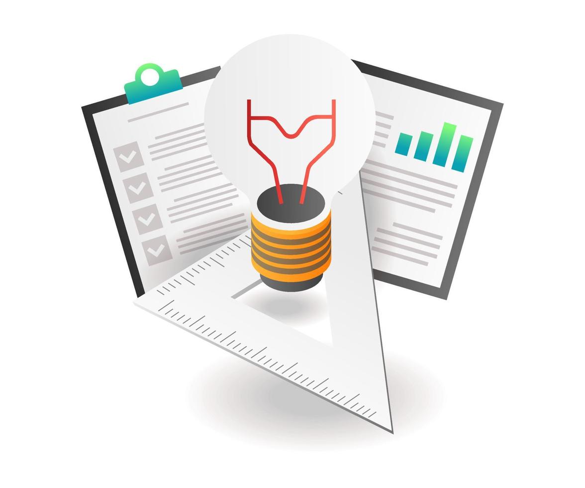 Flat isometric concept illustration. idea lamp with data analyst and ruler vector