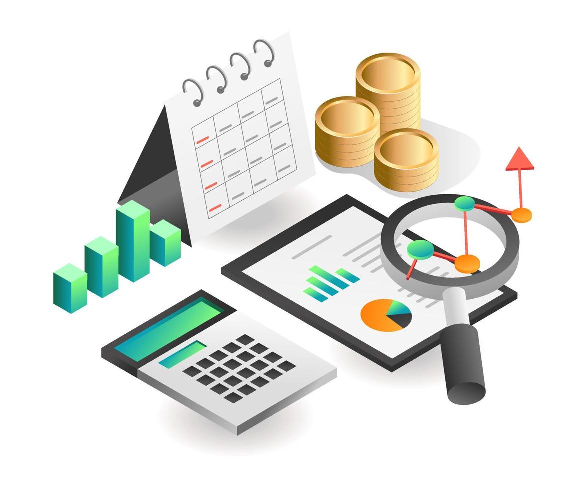 Flat isometric concept illustration. investment business data analysis time calendar vector