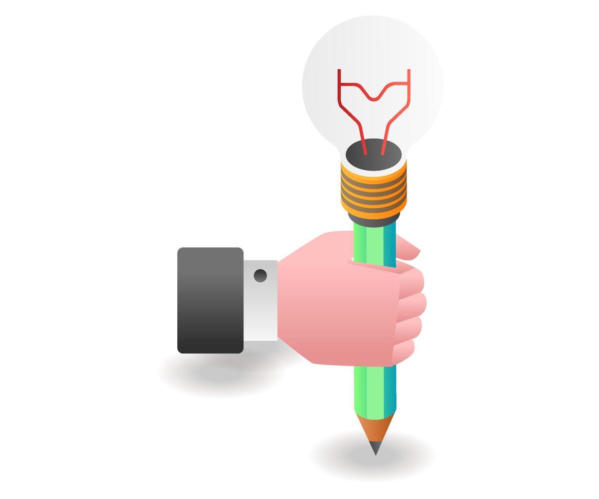 Flat isometric concept illustration. hand holding pencil idea lamp vector