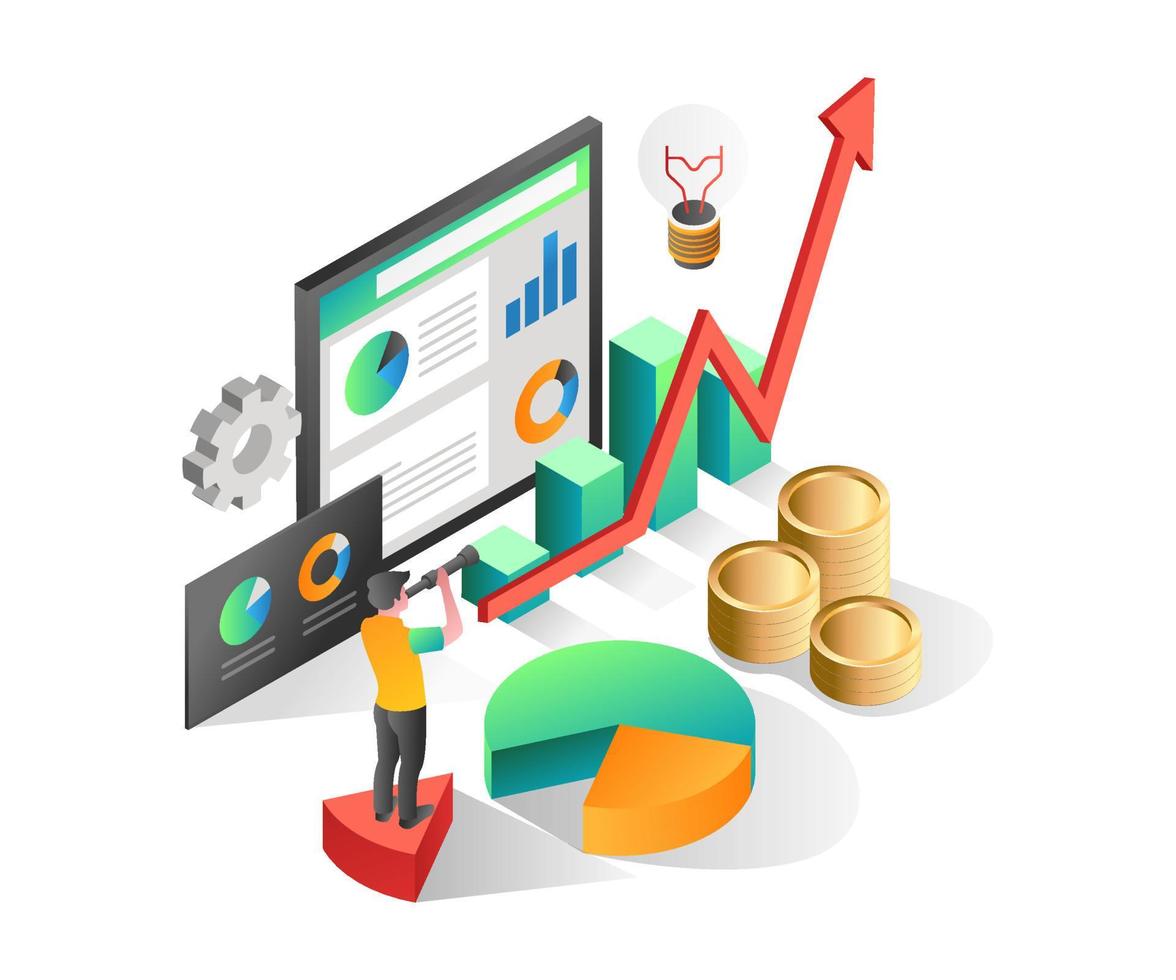 concepto de ilustración isométrica plana. hombre mirando datos de análisis de negocios de inversión exitosos vector