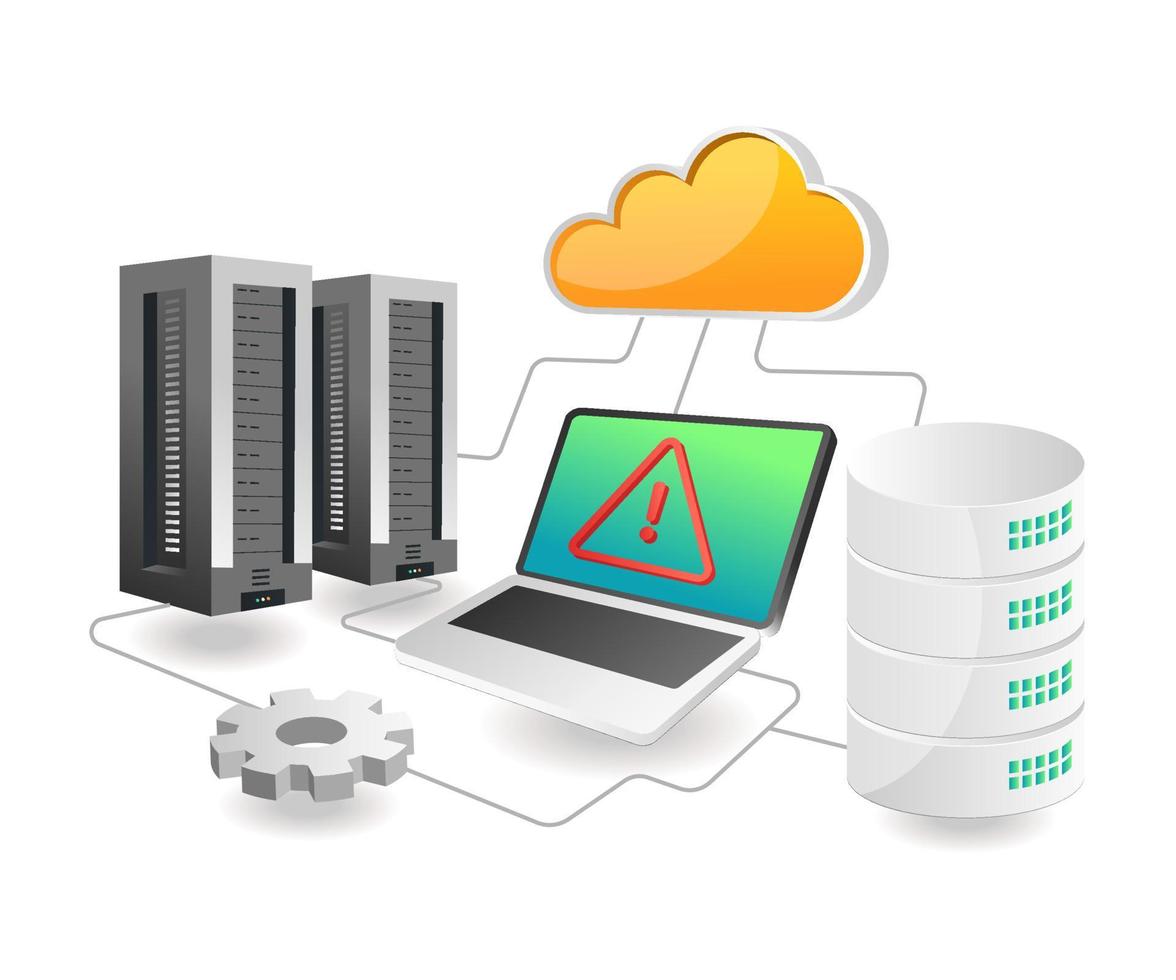 Flat isometric concept illustration. cloud server security issue warning vector