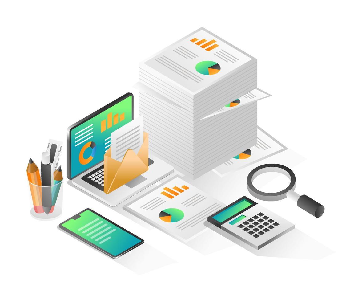 Flat isometric concept illustration. business enterprise data analysis paper stack vector