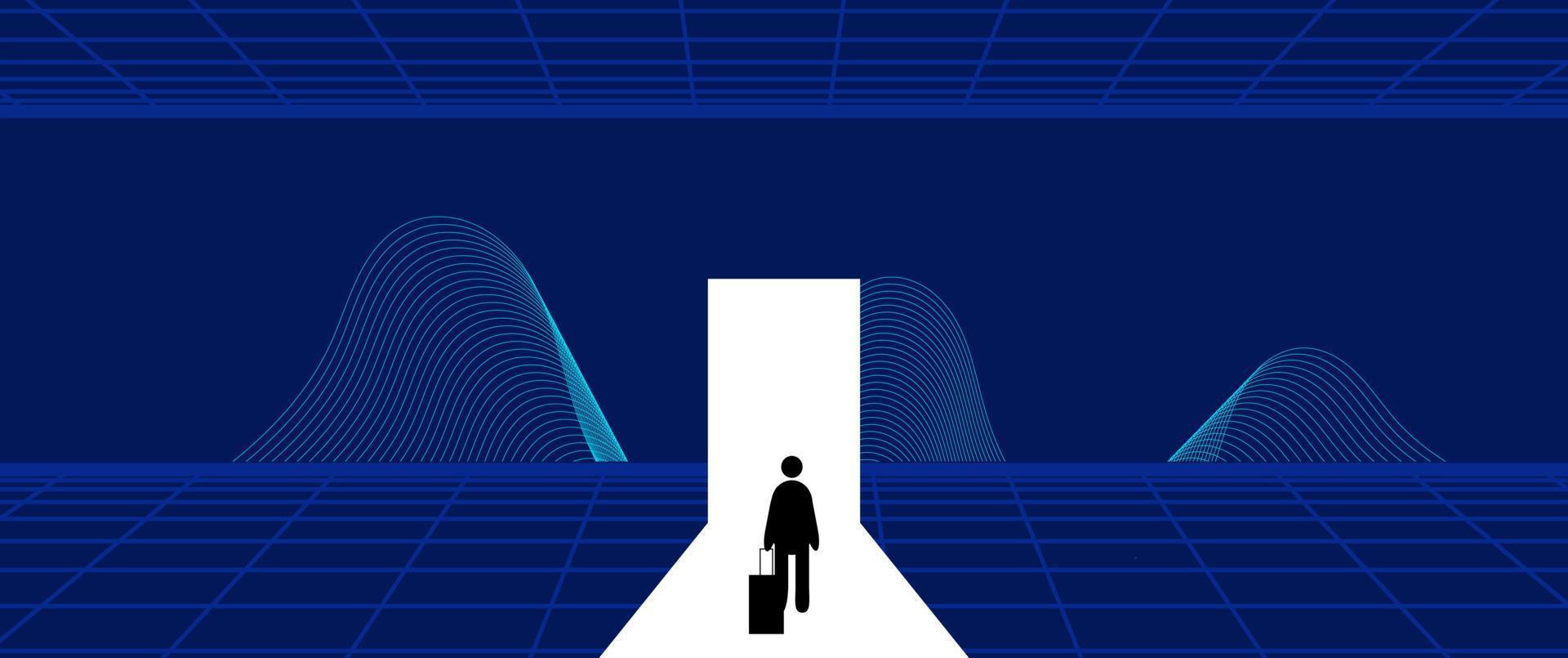 Businessman Start and Steps into Future Door. Moving Forward to New Technology, Blockchain and the Next Layer of the Internet Concepts. Futuristic Tone vector