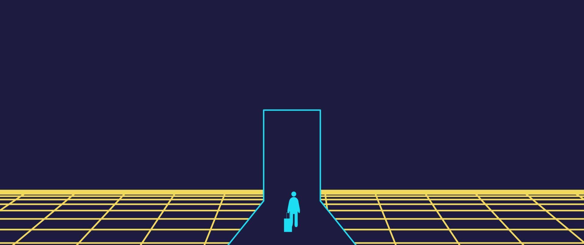 Businessman Start and Steps into Future Door. Moving Forward to New Technology, Blockchain and the Next Layer of the Internet Concepts. Futuristic Tone vector