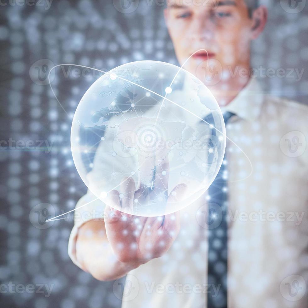 Innovative technologies in science and medicine. Technology to connect. Holding glowing planet earth photo