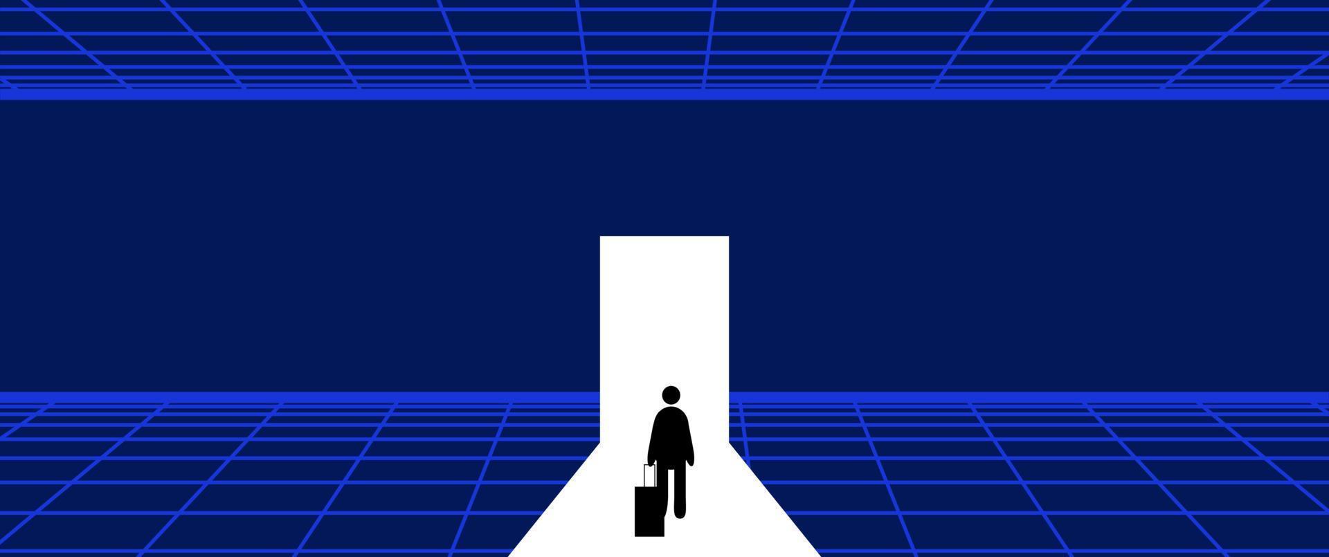 Businessman Start and Steps into Future Door. Moving Forward to New Technology, Blockchain and the Next Layer of the Internet Concepts. Futuristic Tone vector