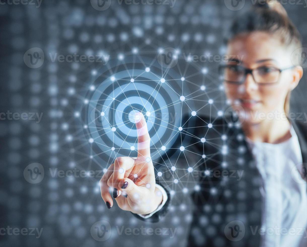 Modern technologies, Internet and network concept - man, presses the button on the virtual screen photo