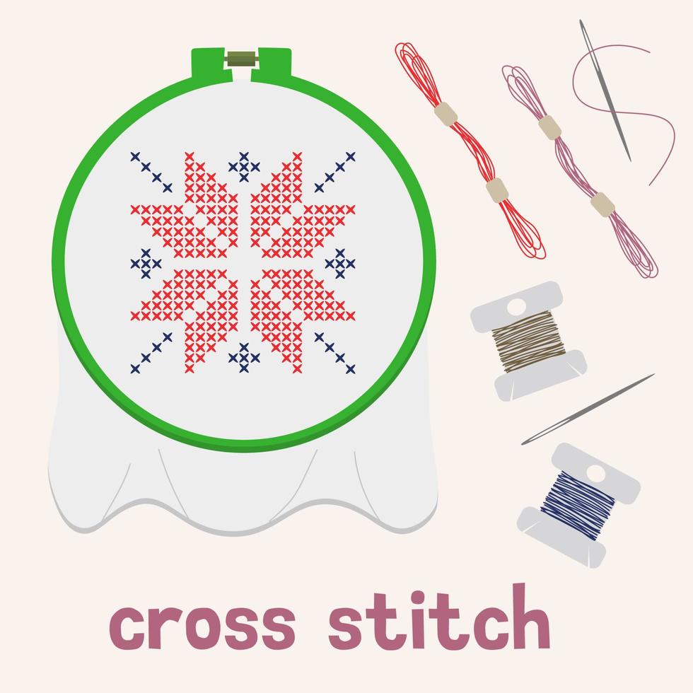Cross-stitch on canvas. Embroidery frame, floss threads, needle and scissors. vector