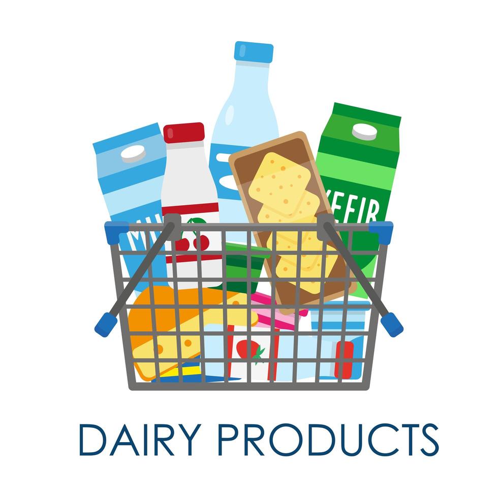 Shopping basket full of dairy products. vector