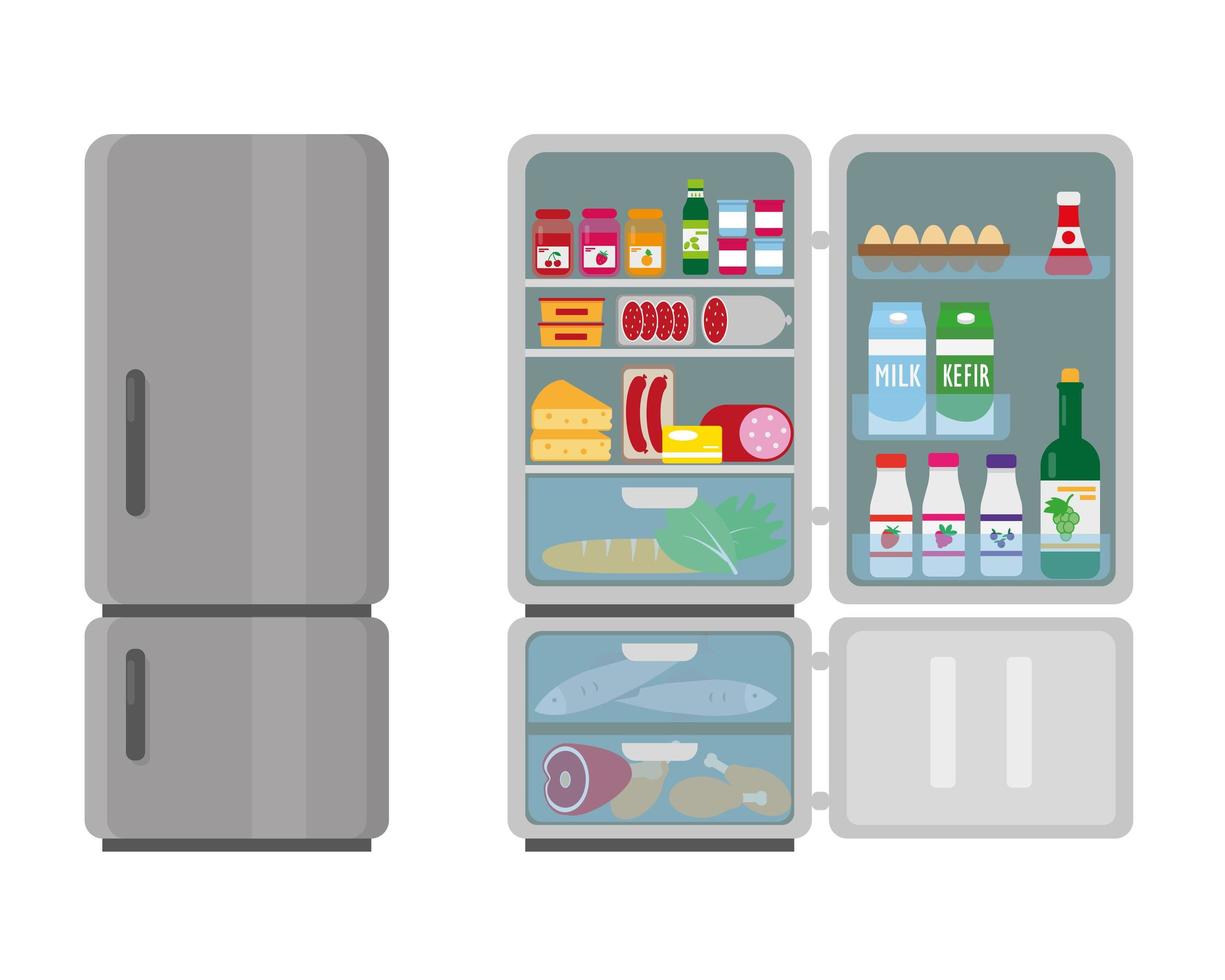 Closed and opened refrigerator full of food. vector