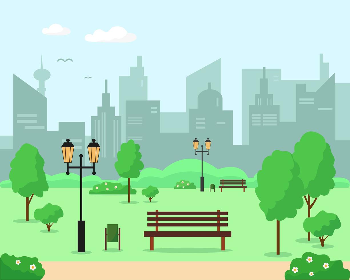 parque de la ciudad con árboles, bancos y faroles. vector