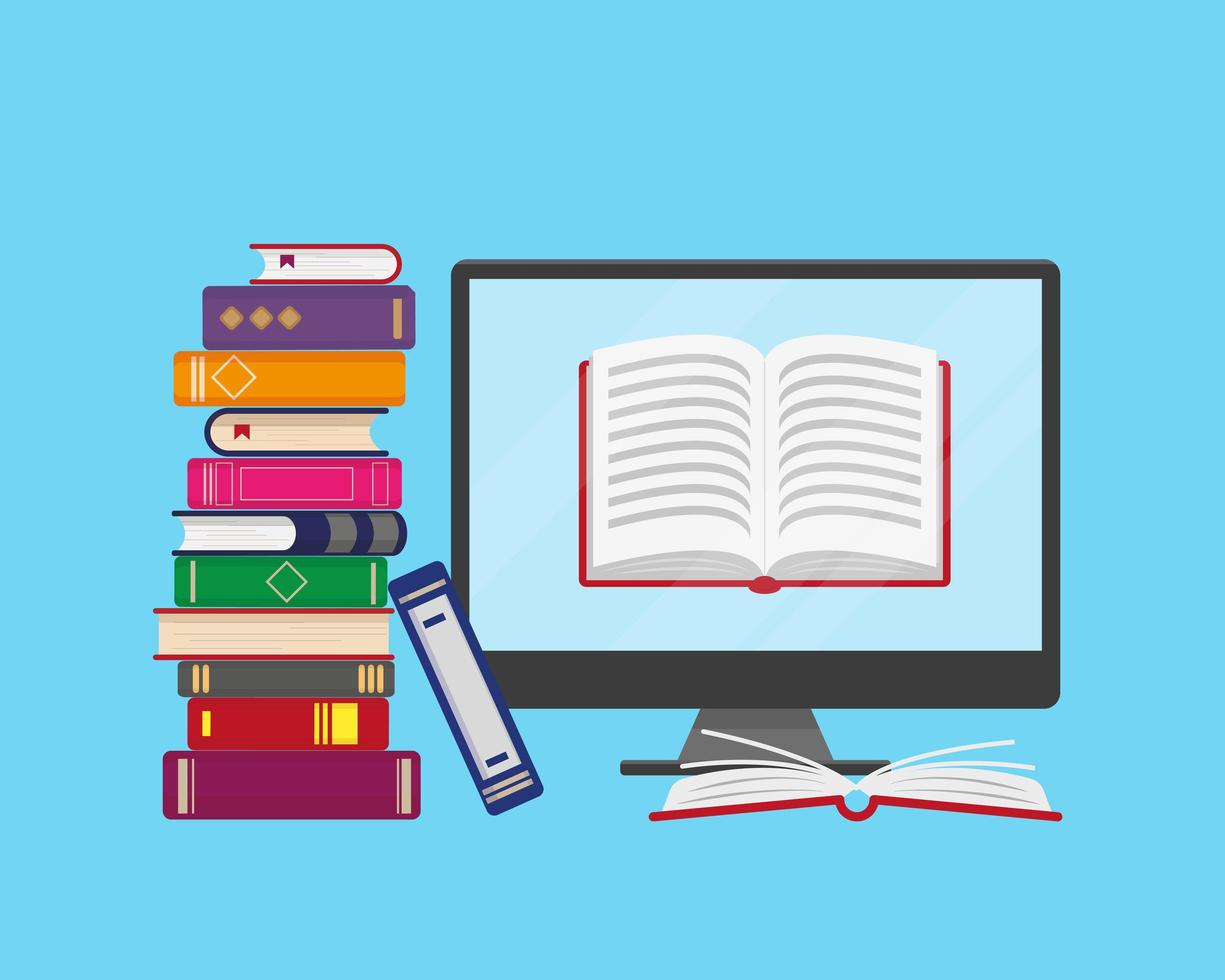 Stack of books and computer screen vector