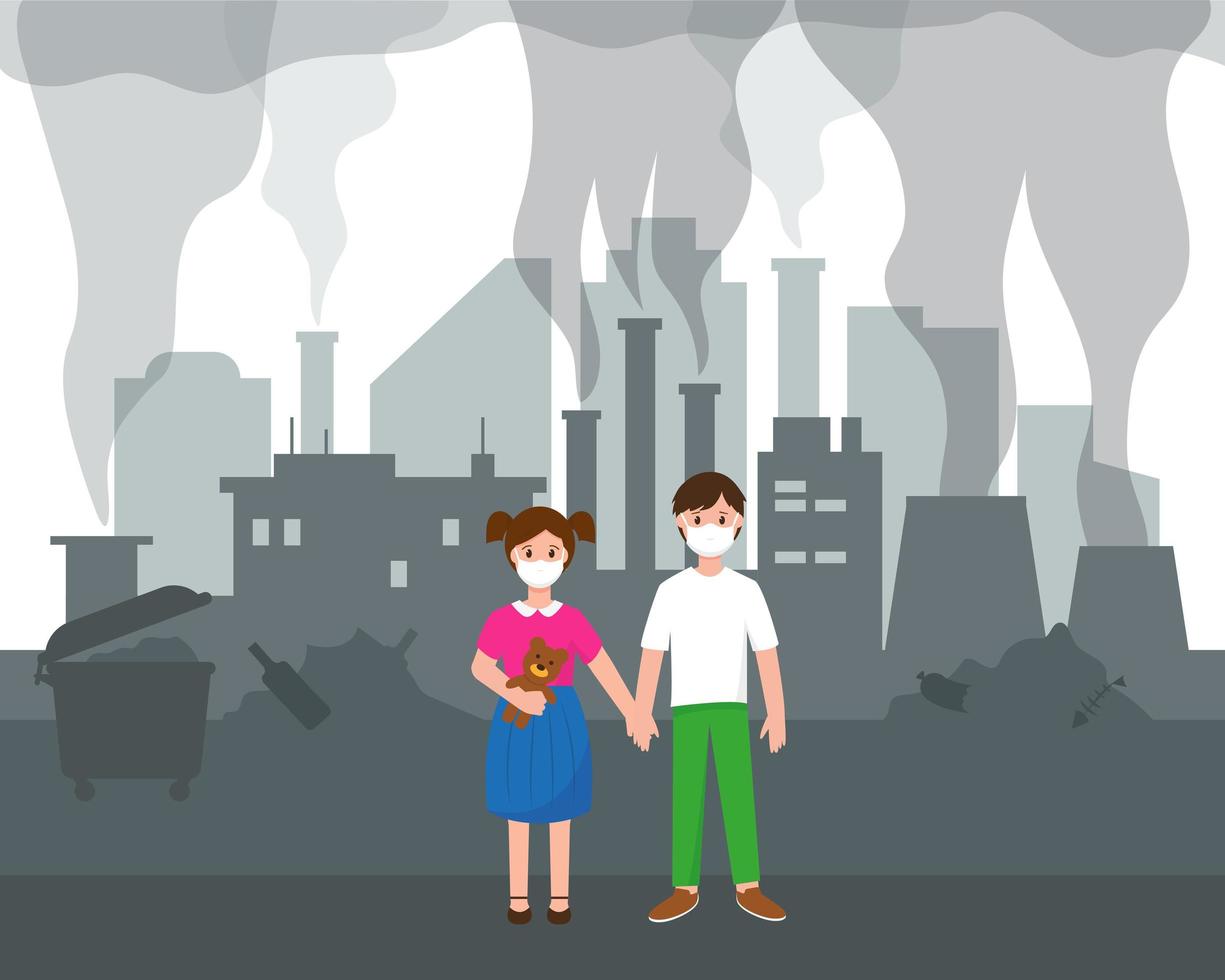 Two children and silhouette of polluted city vector